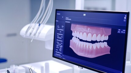 A dental monitor displaying a digital model of upper and lower teeth.