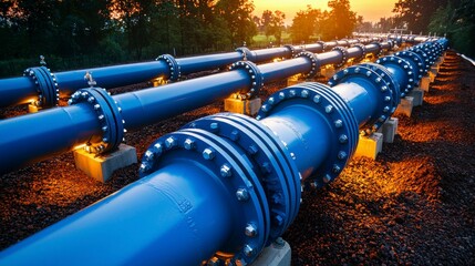 A panoramic view of blue pipeline valves and oil transportation infrastructure laid on soil, with the sky lit up in warm sunrise colors, creating a peaceful yet industrial atmosphere.