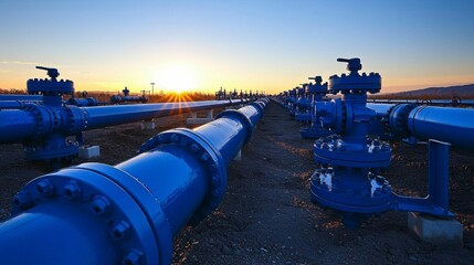 Blue gas or oil pipeline valves on the ground with a backdrop of the rising sun, casting dramatic shadows across the soil and highlighting the importance of energy infrastructure.