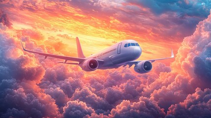 Airplane above colorful sunset clouds.
