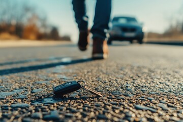 Fototapeta premium Close-Up of Dropped Car Keys on Asphalt as Man Walks Away, Forgetting Them Behind.