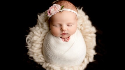 Fototapeta premium Adorable Sleeping Newborn Baby Girl Wrapped in White Blanket Surrounded by Soft Textured Fur with Beautiful Floral Headband on Dark Background