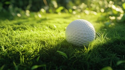 Fototapeta premium Golf ball resting on mossy green grass, sunlit forest background, sport imagery