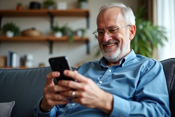 Cheerful Elderly Man Engaged in Mobile Communication, Enjoying Technology at Home Amidst Cozy Interior Decor