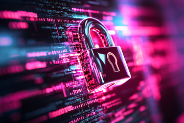 Glänzendes Vorhängeschloss mit digitalem Code auf einer Platine als Symbol für Cybersicherheit und Datenschutz