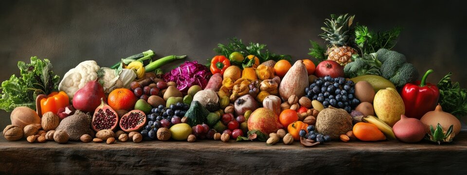 A creative raw food diet display, featuring a variety of fresh fruits, vegetables