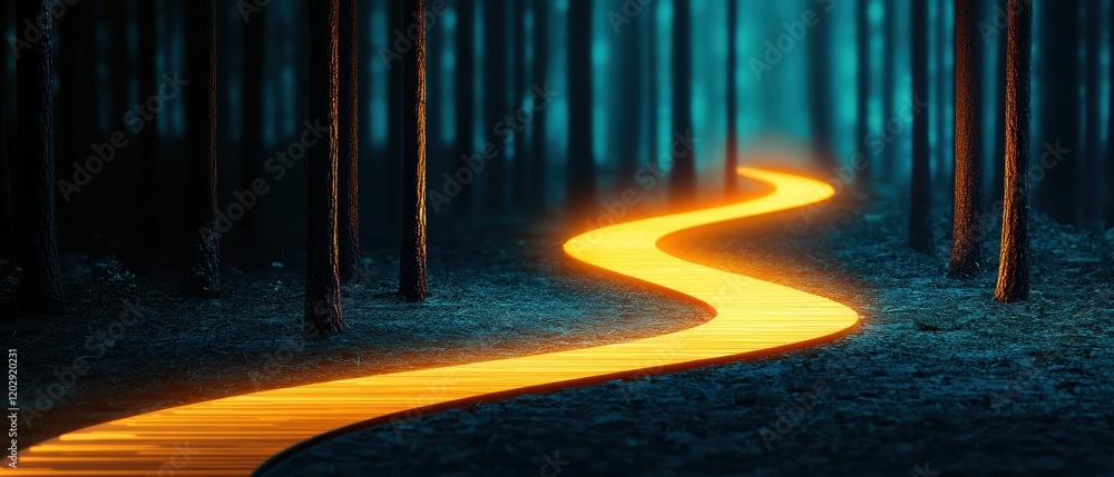 Poster a glowing pathway winds through a dark forest, illuminated by warm orange light, creating a mystical