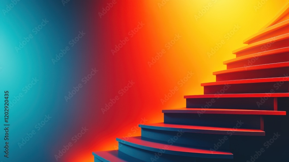 Poster a vibrant staircase illuminated by colorful lighting, creating a striking visual effect with gradien