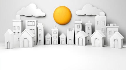 Naklejka premium White Minimalist Cityscape with Cloud and Sun on Light Background