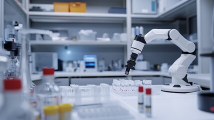 A robot performing automated quality assurance in a high-tech pharmaceuticals lab with clean, organized inspection stations and advanced quality control tools, Pharmaceuticals QA tech style