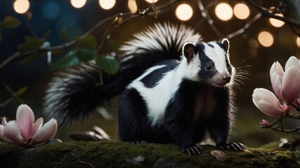 Fototapeta premium A striking skunk stands on a mossy log surrounded by flowers and soft lights.