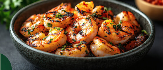 Sauteed shrimps and prawns seasoned with garlic, herbs, and lemon, displayed on a black background with copy space image
