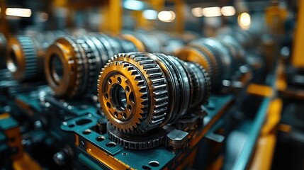 Naklejka premium Close-up of precision-engineered gears in an industrial setting, showcasing manufacturing processes.