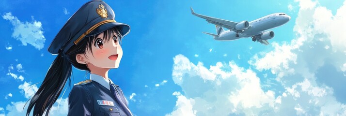 Cute anime girl in a uniform standing on the ground, smiling and an airplane flying overhead, against a blue sky with white clouds.