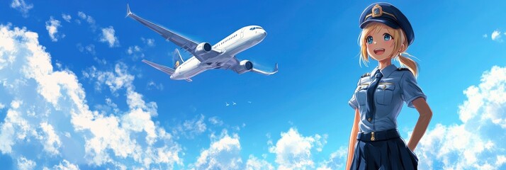 Cute anime girl in a uniform standing on the ground, smiling and an airplane flying overhead, against a blue sky with white clouds.