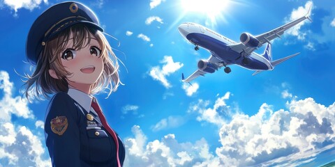 Cute anime girl in a uniform standing on the ground, smiling and an airplane flying overhead, against a blue sky with white clouds.