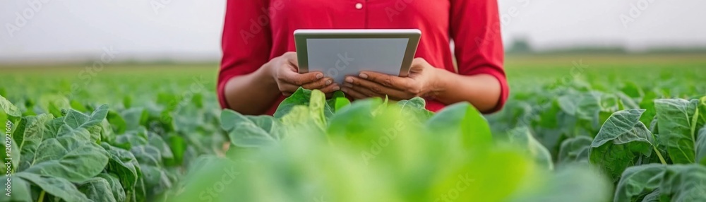 Poster a person in a red shirt using a tablet in a green field, demonstrating modern technology's role in a