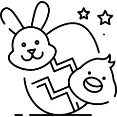 cute bunny and chicks Outline style Easter or Pascal illustration 