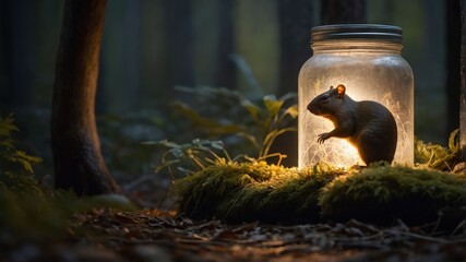 Fototapeta premium A squirrel inside a glowing jar in a forest setting, creating a mystical atmosphere.