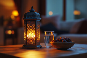 Ramadan iftar with a bowl of dates and a glass of water next to it, featuring a traditional lantern glowing softly on a wooden table, in a warm and inviting room setting
