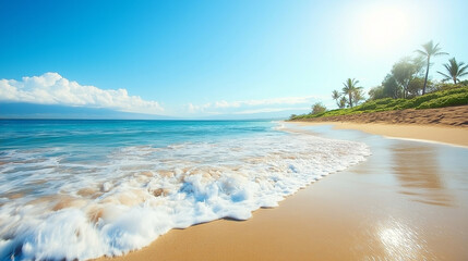 Fototapeta premium Tropical Sandy Beach with Soft Blue Ocean Waves and Clear Water