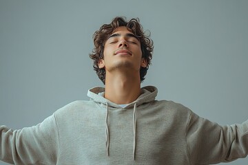 Fototapeta premium A young man with curly hair stands with arms outstretched, embracing a moment of tranquility.