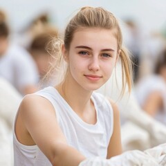 Obraz premium Young woman with natural beauty poses confidently outdoors, showcasing relaxed expression and soft sunlight illuminating her features against a serene background
