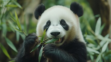 Obraz premium Panda eating bamboo in lush forest (1)