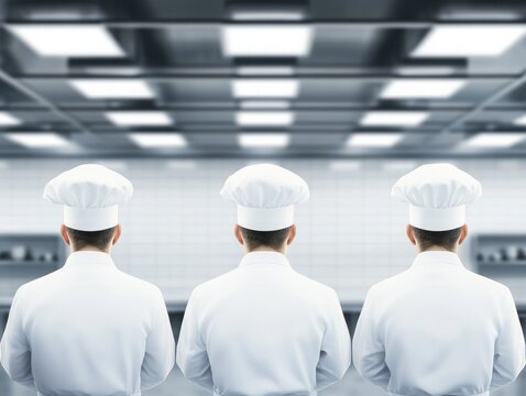 Professional chefs in white uniforms standing back to back in a modern kitchen, showcasing teamwork and culinary expertise in a minimalist setting with bright lighting