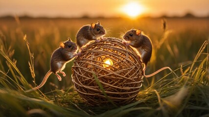 Three mice play on a woven ball during sunset in a grassy field.