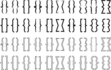 Set of curly double braces. Symmetric brackets pair, punctuation symbol for mathematics. Frames for math flat, outline styles. Retro parenthesis sign for text quote Isolated on transparent background.