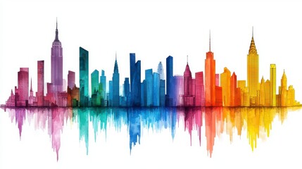Naklejka premium Vibrant Watercolor City Skyline with Reflection on White Background