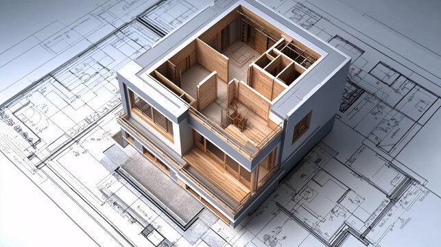 3D Model House on Architectural Blueprint