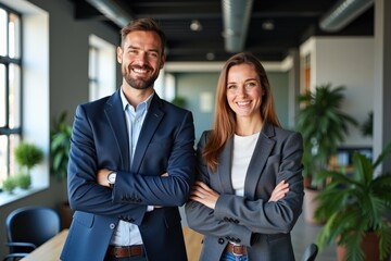 Professional Business Partners Smiling Together in Modern Office with Natural Light and Plants, Symbolizing Success and Teamwork
