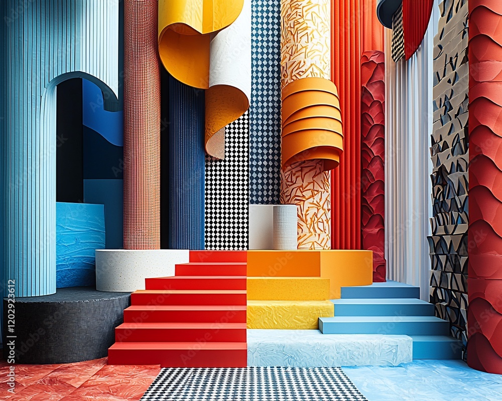 Poster colorful abstract 3d rendering with textured surfaces, geometric shapes, and stairs.