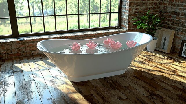 A luxurious bathtub sparkling clean, with soft, aromatic oils floating in the water, creating a soothing and serene environment for unwinding after a busy day.