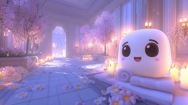 A peaceful, clean bathtub surrounded by soothing elements like aromatic candles, soft towels, and delicate plants, designed to provide a calming and rejuvenating bath experience.