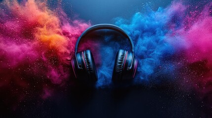 Colorful headphones surrounded by vibrant smoke, symbolizing music and creativity.