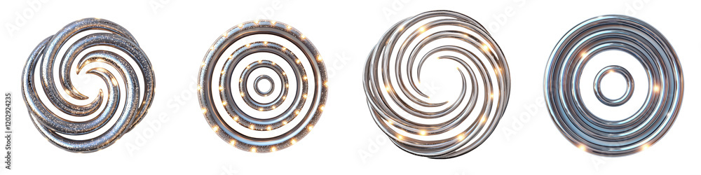 Poster abstract swirling spiral shapes in metallic tones of silver and gold forming a dynamic and visually 