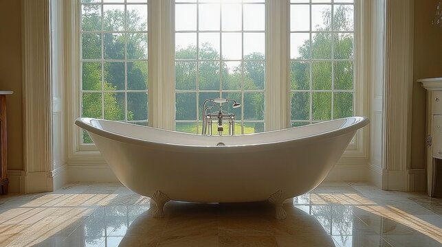 A spotless bathtub in a bright bathroom, with gleaming tiles and reflective surfaces, offering a clean and revitalizing environment for relaxation and rejuvenation.