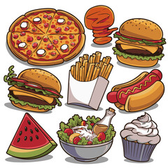 Vector illustration set of fast food icons featuring hamburgers, cheeseburgers, hotdogs, pizza, and sandwiches with buns, meat, cheese, lettuce, and tomato