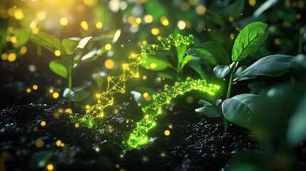 Glowing green plant growth, technology, and nature concept.