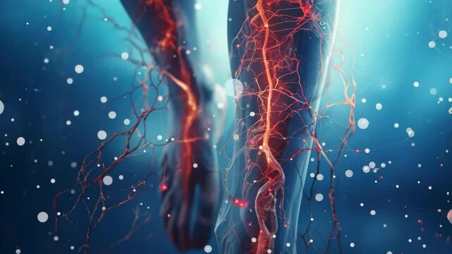 Varicose veins. Vascular health problem. Thrombosis on human leg. Glowing illustrative 4k footage