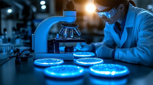 A researcher in a lab coat examines petri dishes containing microorganisms under an advanced microscope, showcasing a cutting-edge lab environment focused on microbiological research.