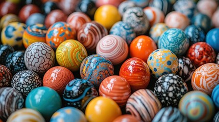 Fototapeta premium Colorful marbles close-up, textured surface, background blurred, for crafts or game design