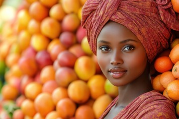 A woman poses gracefully in front of a vibrant display of fruits, showcasing beauty and culture.