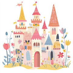 Illustration - Whimsical Castle with Flower Gardens Children's Book Illustration