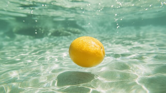 A yellow lemon is floating in the water