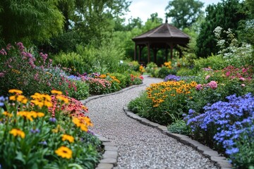 Obraz premium Winding gravel path leading to gazebo in beautiful blooming garden