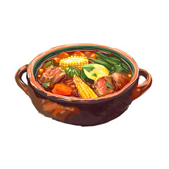 Illustration of Sancocho, a hearty Dominican soup, isolated on a transparent background for culinary designs.